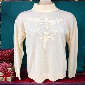 Vintage 80s Cream Mock Neck Floral Embroidered Pullover Sweater Size M